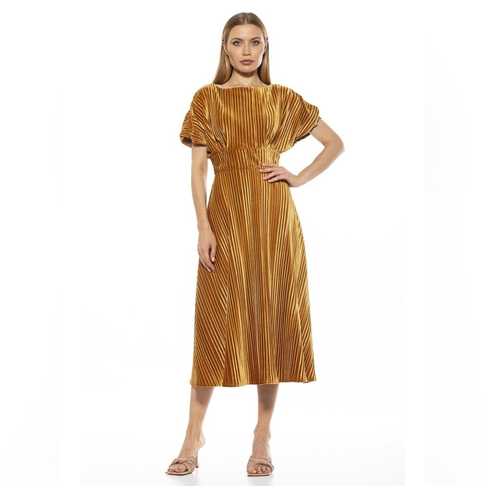 ALEXIA ADMOR Veronica Gold Pleated Velvet Midi Dress size S Wedding Party Event